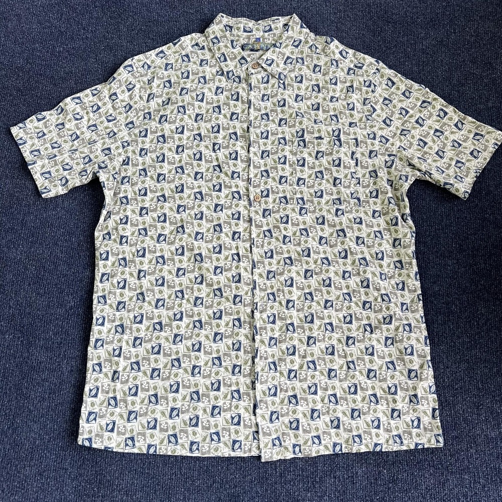 Campia Shirt Mens Large Green Blue Rayon Short Sleeve Button Front Floral Print